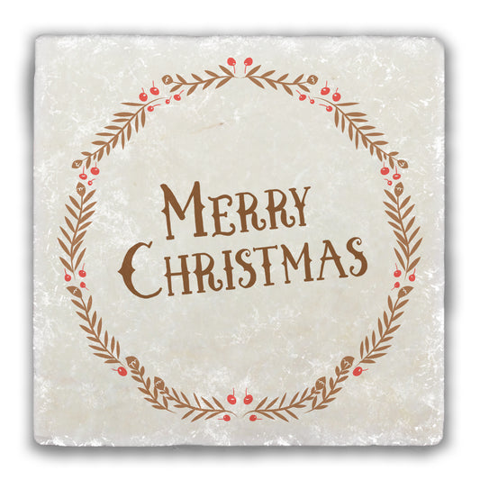 Merry Christmas Brown Wreath Tumbled Stone Coaster