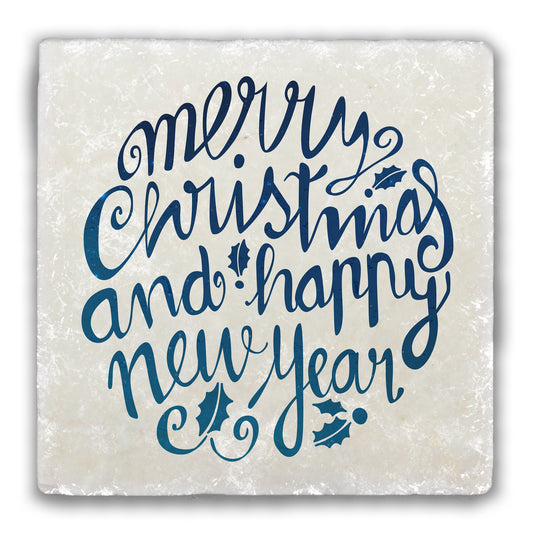 Merry Christmas and Happy New Year Tumbled Stone Coaster