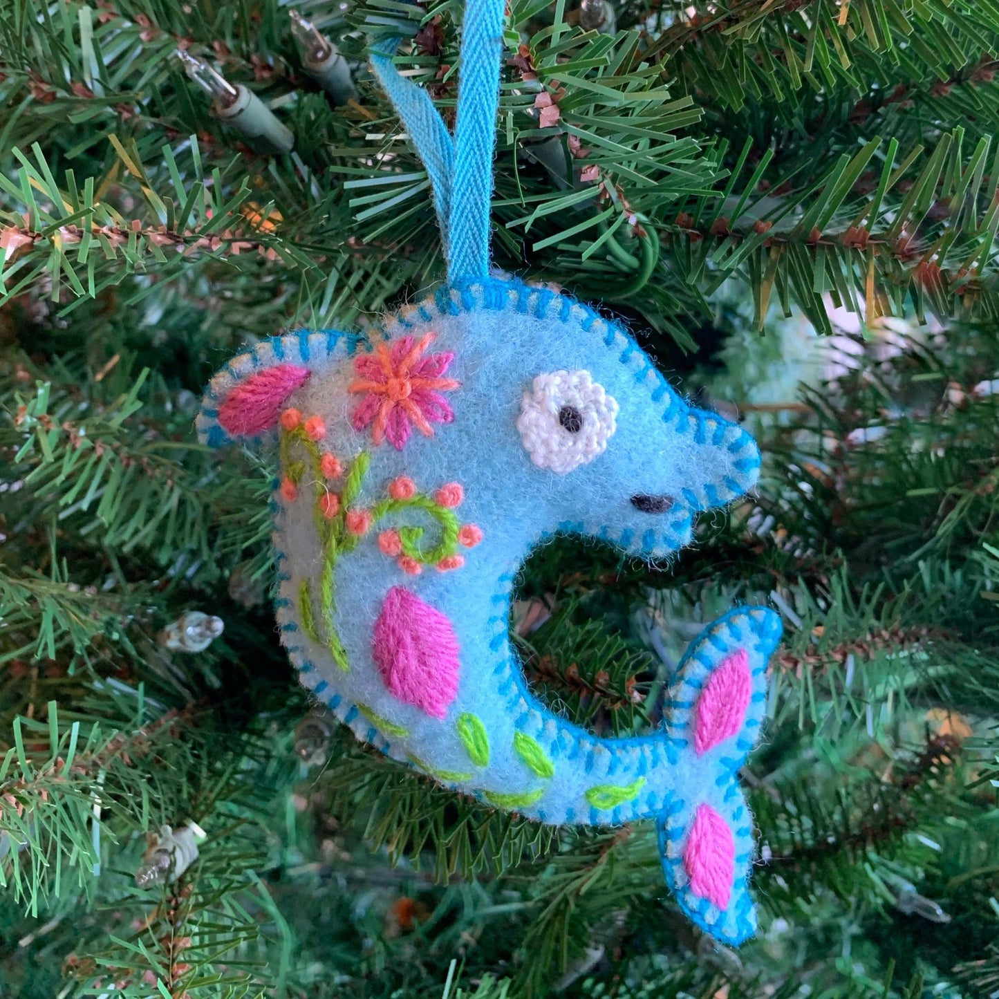 Dolphin Embroidered Wool Ornament