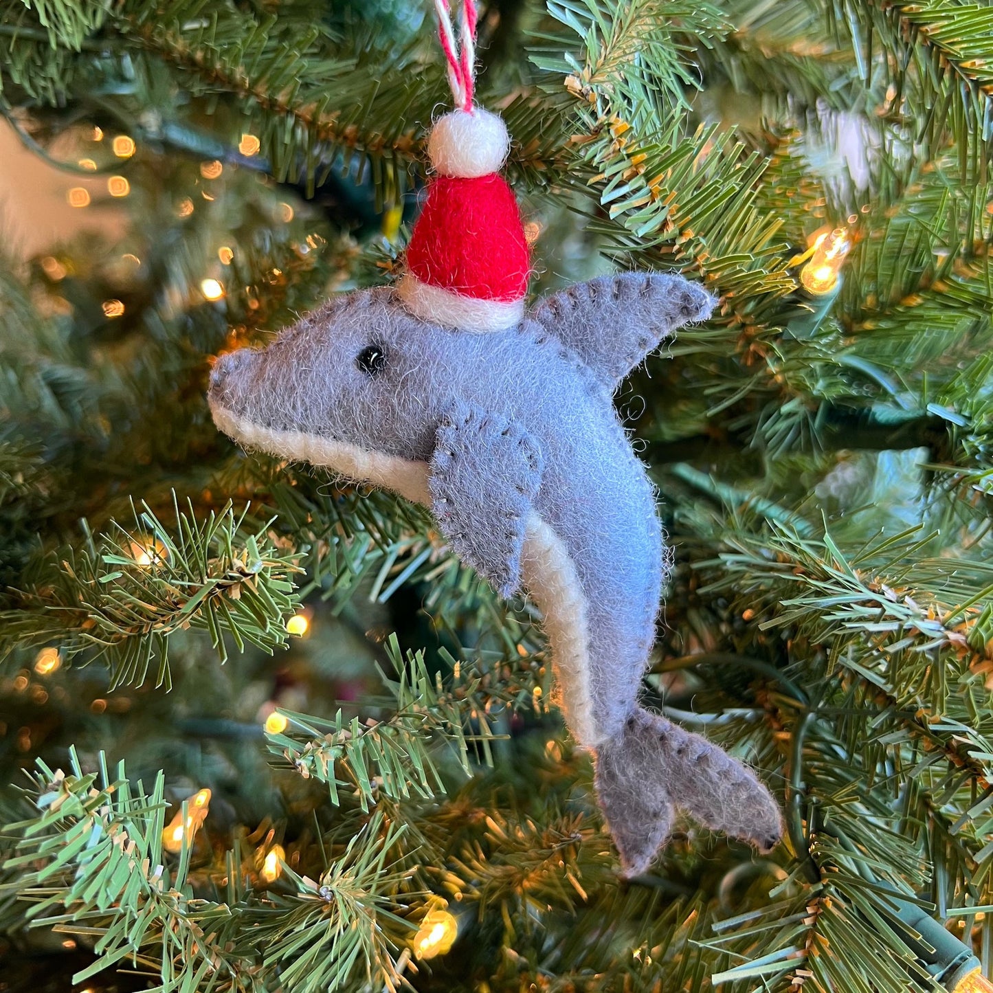 Dolphin in Santa Hat Felt Wool Ornament