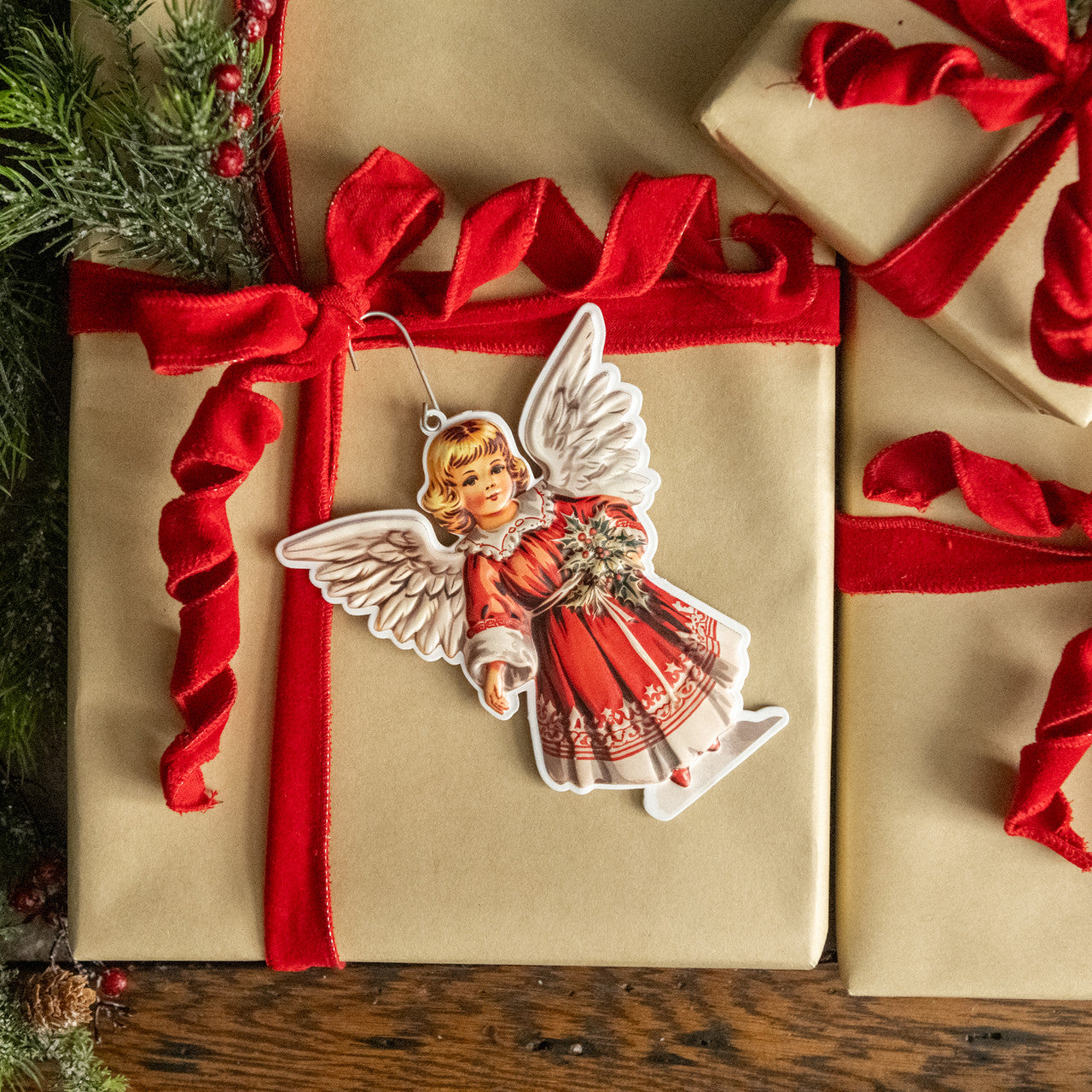 Angel with holly metal ornament