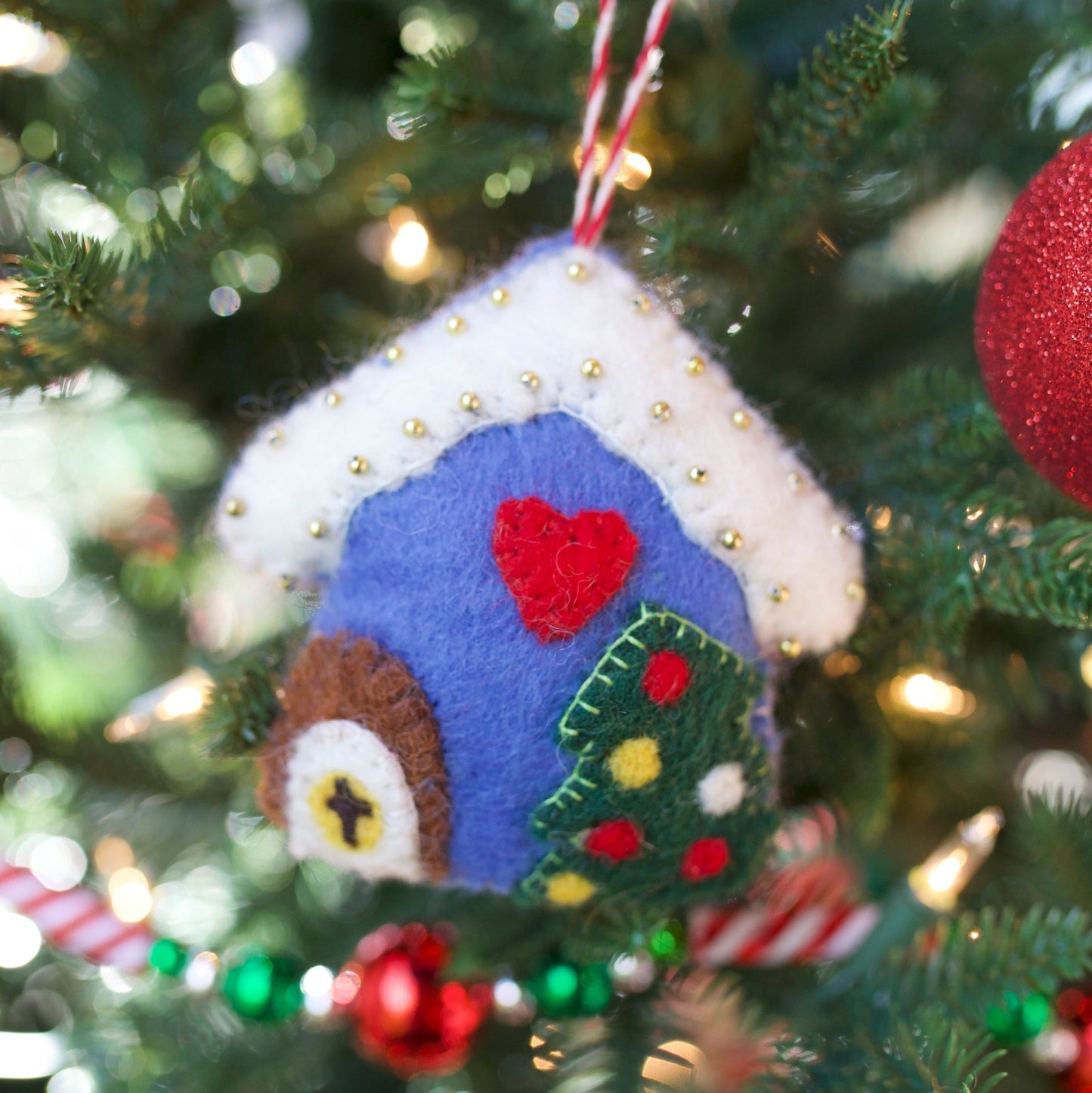Gingerbread House, Blue Felt Wool Ornament