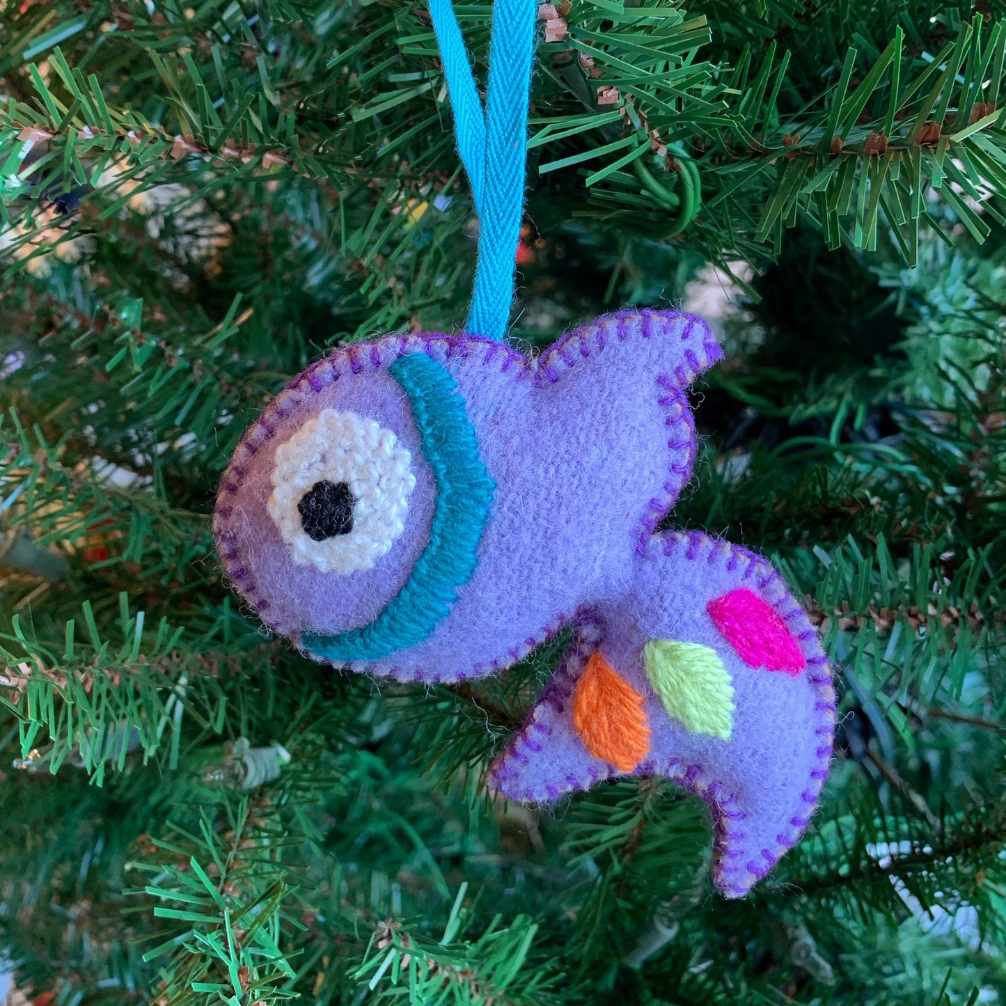 Purple Fish Embroidered Wool Ornament