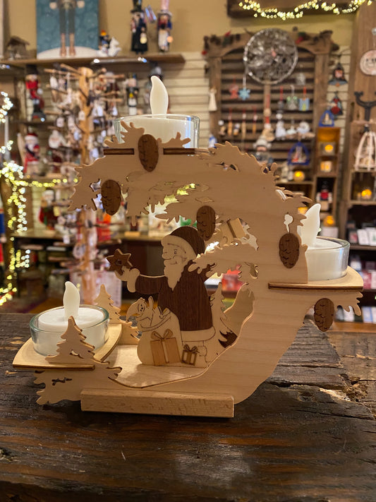 Wooden German-made Tea Light Holder - with Santa