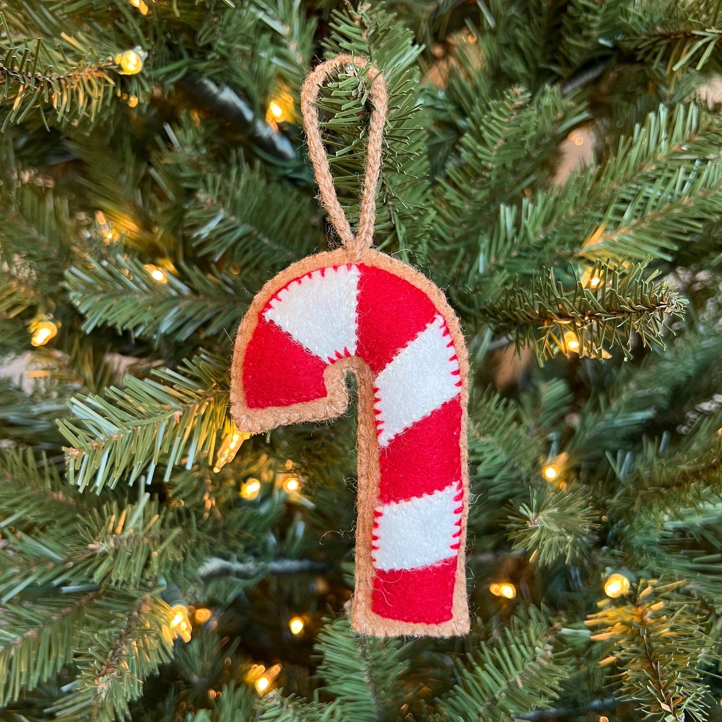 Gingerbread Candy Cane Embroidered Wool Ornament