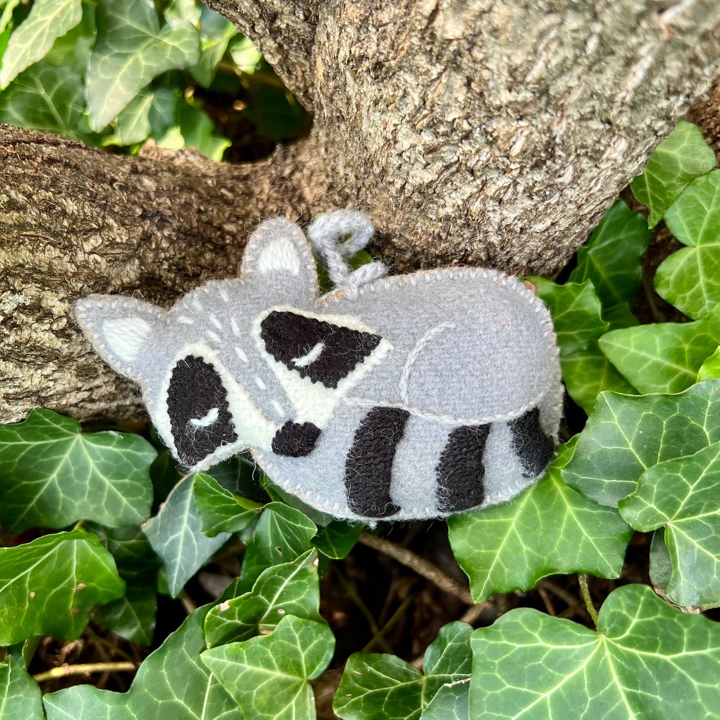 Raccoon Sleeping Embroidered Wool Ornament