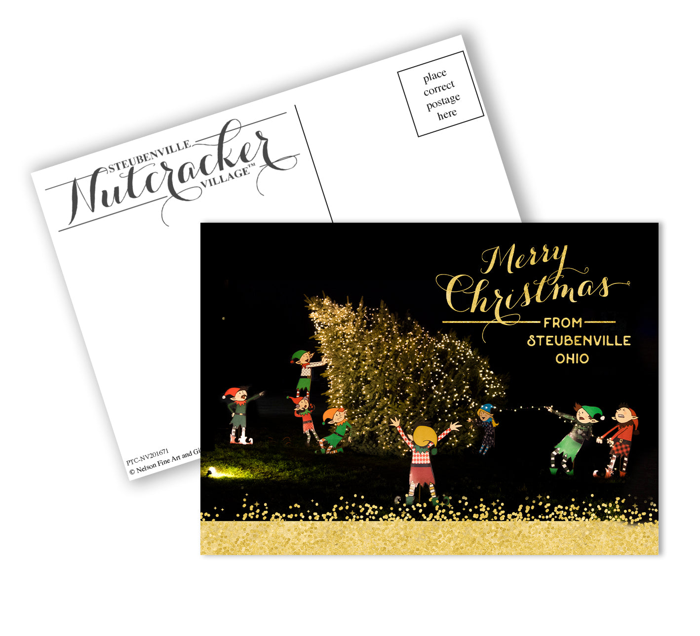 Steubenville Elves with Falling Tree Christmas Postcard