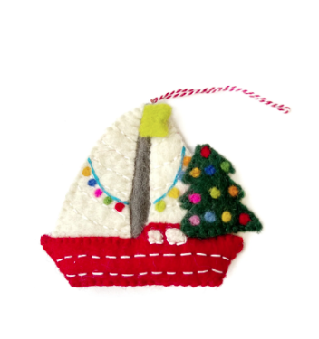 Sailboat with Christmas Tree Ornament, Felt Wool