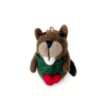 Beaver with Holly Ornament, Tufted Wool