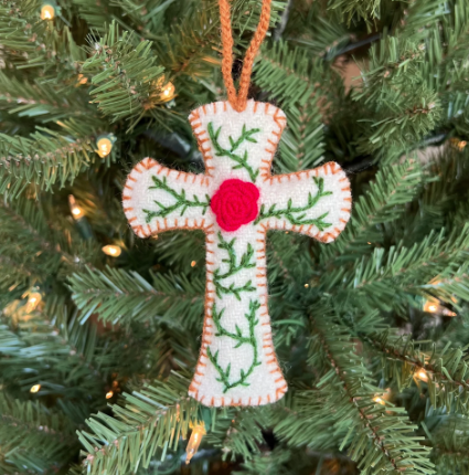 Cross with Rose Ornament, Embroidered Wool