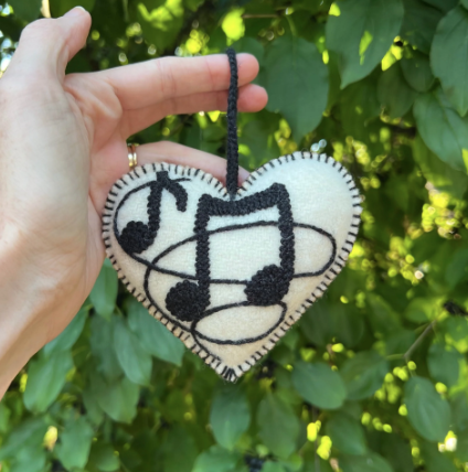 Music Heart Ornament, Embroidered Wool