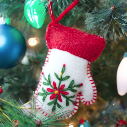 White Mitten Ornament, Embroidered Wool