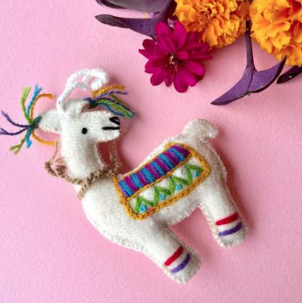 Llama Ornament, Embroidered Wool