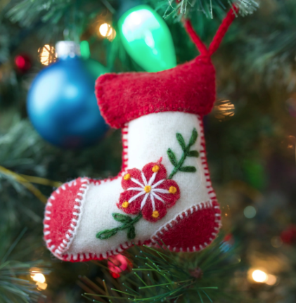 White Stocking Ornament, Embroidered Wool