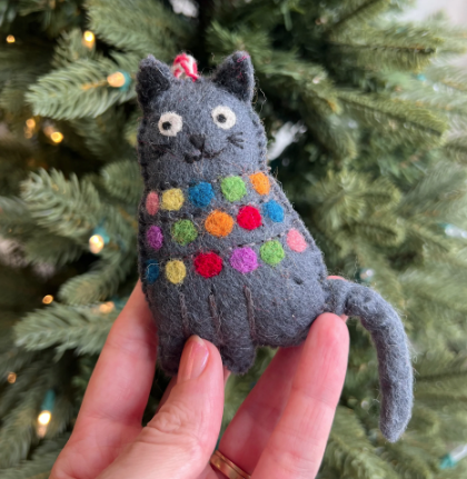 Cat Tangled in Lights Ornament, Felt Wool