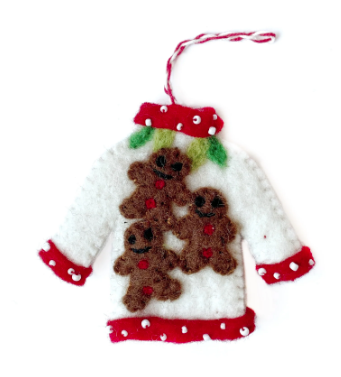 Ugly Christmas Sweater Gingerbread Ornament, Felt Wool