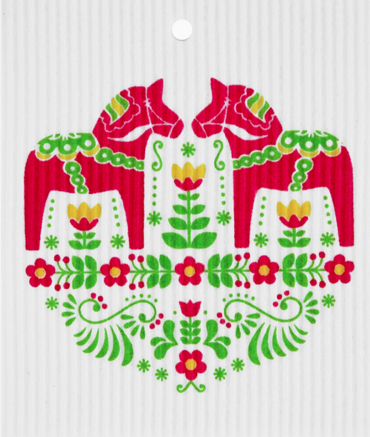 Red & Green Dala Horses Swedish Wash Towel