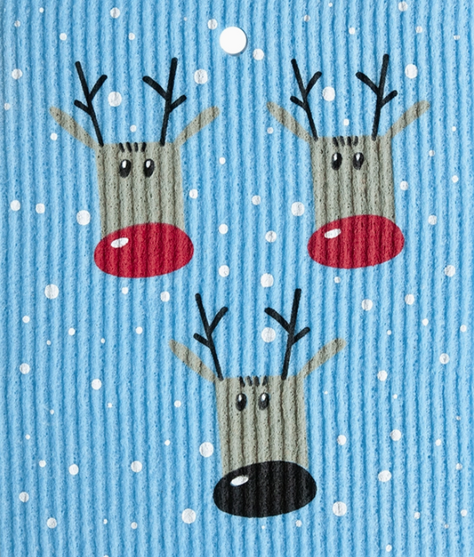 Swedish Wash Towel, Reindeer Faces On Blue Cloth
