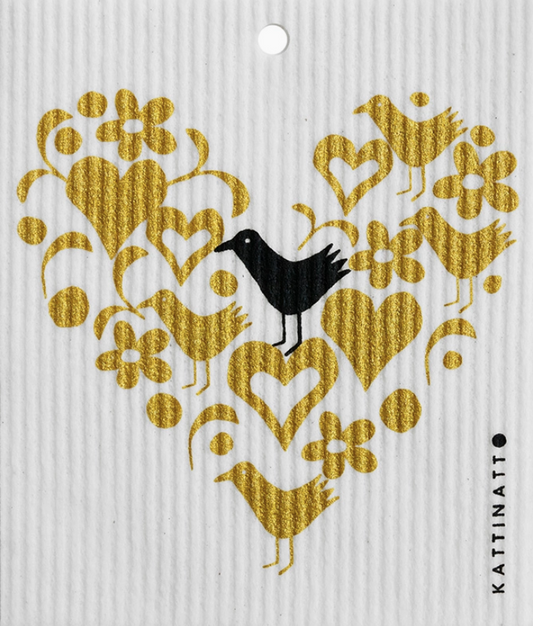 Swedish Wash Towel - Gold Heart With Black Bird