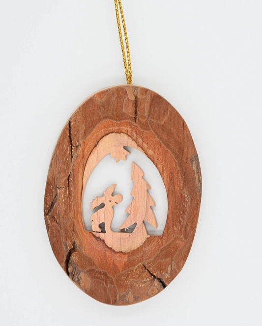 Bark Oval Ornament, Moose with Tree