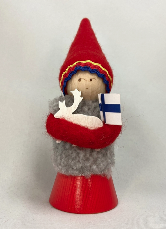 Wood Lappland Santa W/Reindeer & Flag