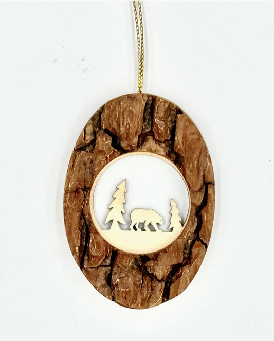 Bark Oval Ornament - Bear