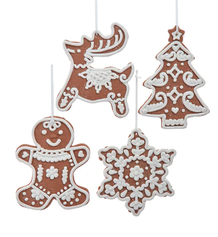 Gingerbread Deer, Man, Snowflake & Tree Ornaments, 4 Assorted