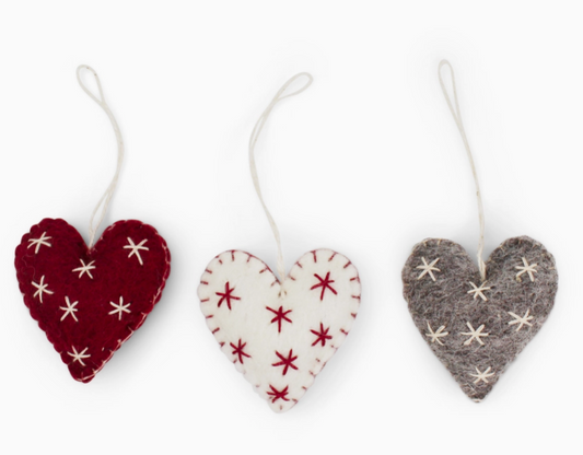 wool heart ornaments - set of 3