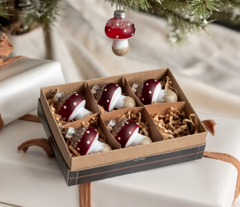 set w/ 6 glittered mushroom ornaments