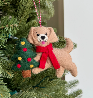 Puppy Dog with Christmas Tree Ornament, Felt Wool