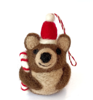 Brown bear with candy cane ornament