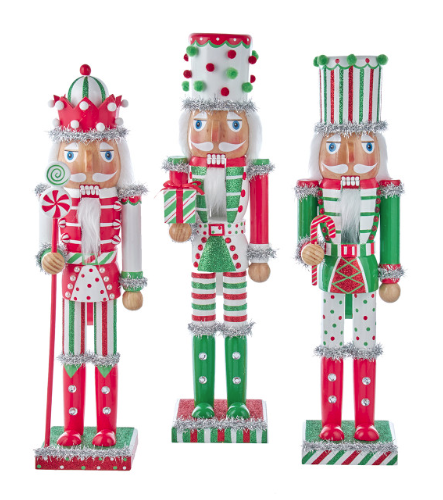 15" Red, Green & White With Stripes & Polka Dots Nutcrackers, 3 Assorted