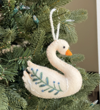 Swan with Branch Ornament, Embroidered Wool
