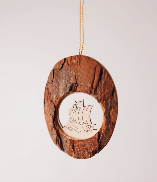 Bark Oval Ornament - Viking Ship