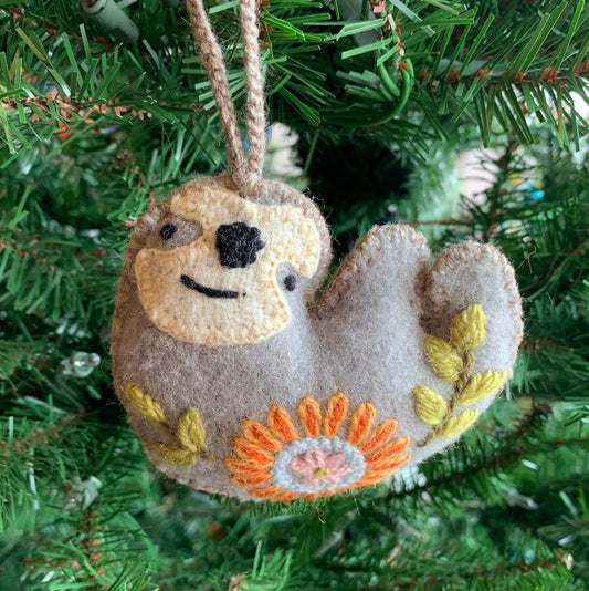 Sloth Embroidered Wool Ornament