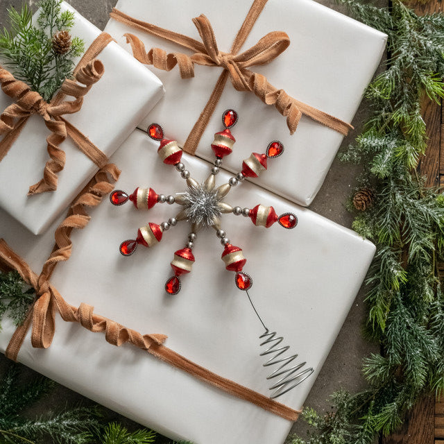 RED & SILVER BEADED SNOWFLAKE TREE TOPPER