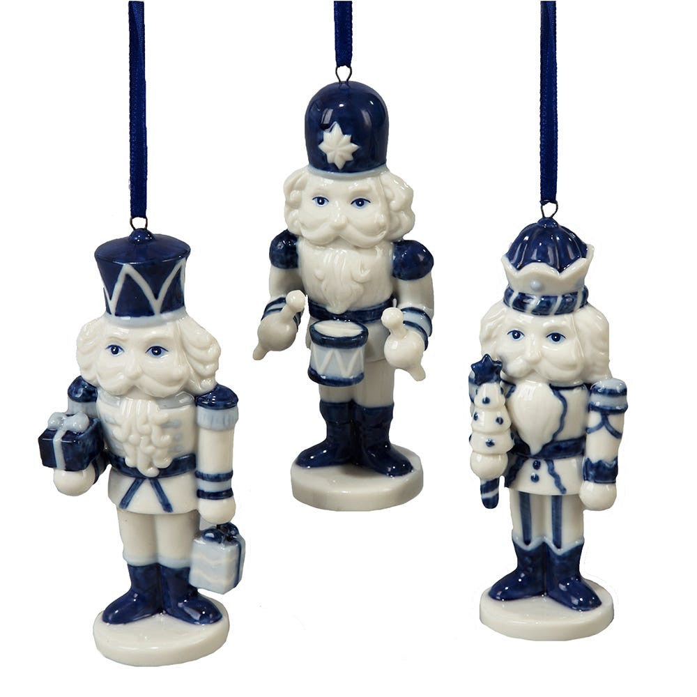Porcelain Delft Blue Nutcracker Ornaments, 3 Assorted