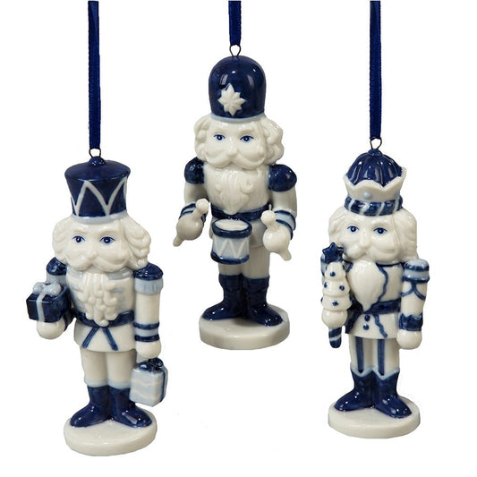 Porcelain Delft Blue Nutcracker Ornaments, 3 Assorted