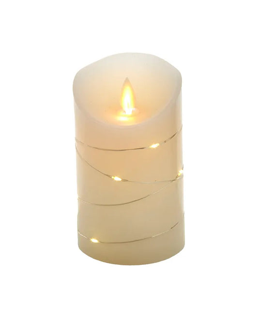 5" Battery Operated Flicker Flame White Candle With Fairy Lights