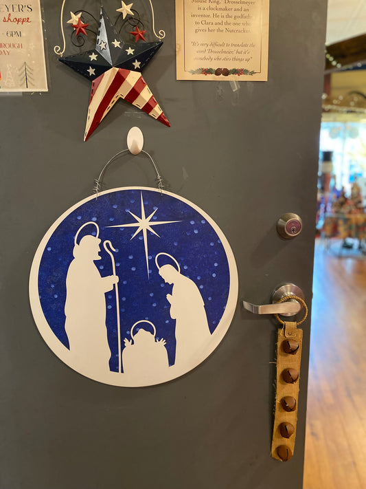 Outdoor metal art round nativity door hanger